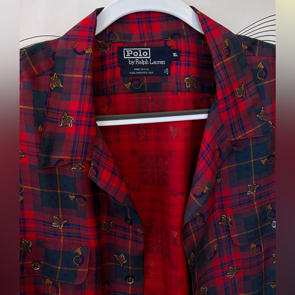 RARE Polo Ralph Lauren Fox and French Horn Tartan Patterned Silk Button Down - Picture 3 of 4